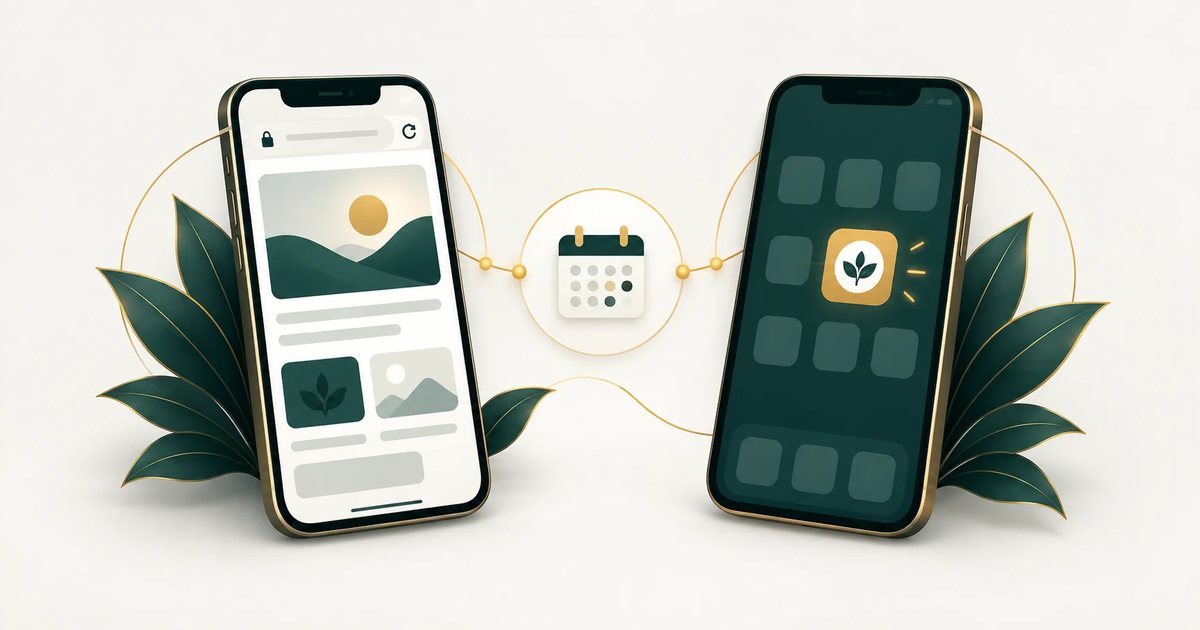 Two phones side by side, one showing a mobile website and the other an app icon on the home screen, linked by a calendar.